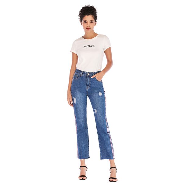 women's fashion side stripe high waist jeans women straight stretch ripped jeans ladies slim hole casual vintage denim pants, Blue
women's fashion side stripe high waist jeans women straight stretch ripped jeans ladies slim hole casual vintage denim pants, Blue