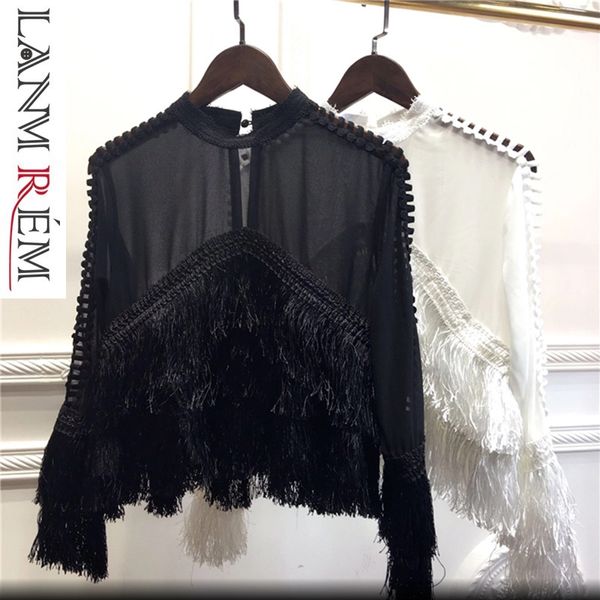 

lanmrem 2019 spring women pullover tassels patchwork hollow out flare sleeve chiffon shirt round collar fashion female tb285, White