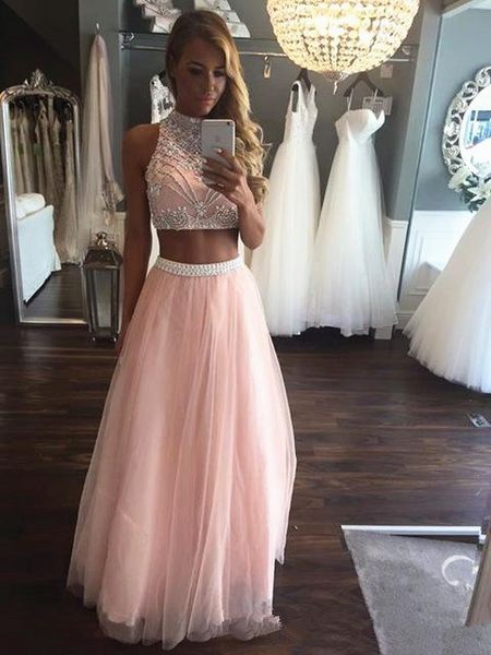 two pieces pink prom dresses high neck crystals beadings a line floor length evening dresses party gowns custom plus size, Black
two pieces pink prom dresses high neck crystals beadings a line floor length evening dresses party gowns custom plus size, Black