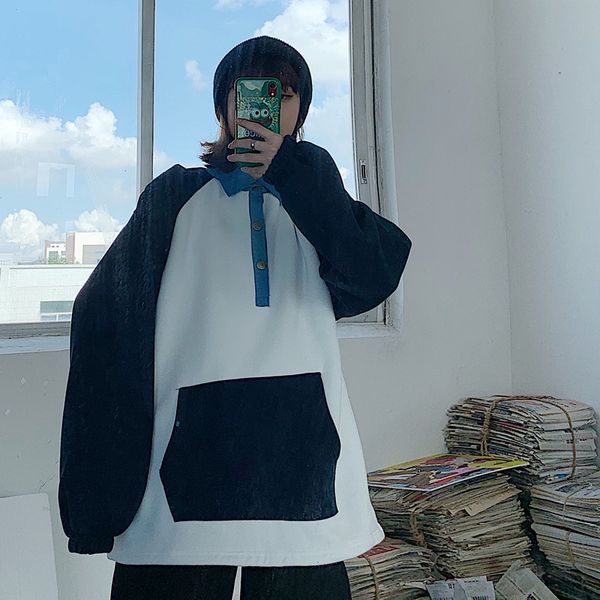 patchwork contrast color women man button collar pocket loose sweatshirt pullover hoodies women man streetwear harajuku korean, Black
patchwork contrast color women man button collar pocket loose sweatshirt pullover hoodies women man streetwear harajuku korean, Black