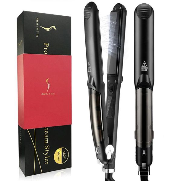 

enhanced steam hair straightener ceramic hair flat iron steampod ionic straightening iron curler with digital lcd display, Black