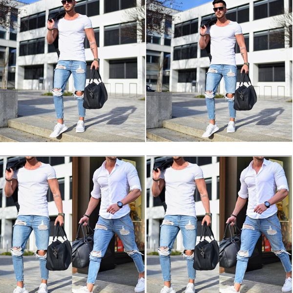2019 european and american men's skinny jeans light color hole pants nk1090 tight-fitting trousers, Blue
2019 european and american men's skinny jeans light color hole pants nk1090 tight-fitting trousers, Blue