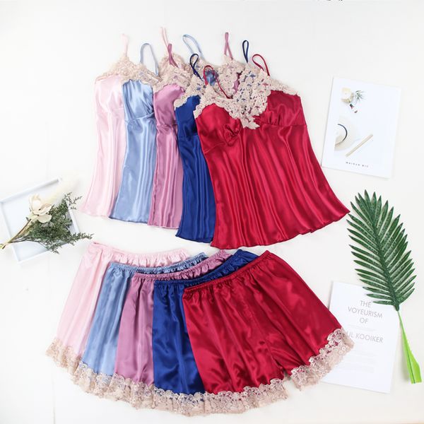 women lace 2pcs strap shorts summer pajamas set satin sleep suit pyjamas intimate lingerie casual nightwear homewear, Black;red
women lace 2pcs strap shorts summer pajamas set satin sleep suit pyjamas intimate lingerie casual nightwear homewear, Black;red