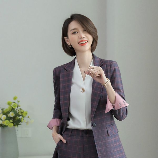 plus size plaid suit women jacket blazer and pants 2 piece set korean professional suits button office ladies blazers feminino, White;black 
plus size plaid suit women jacket blazer and pants 2 piece set korean professional suits button office ladies blazers feminino, White;black
