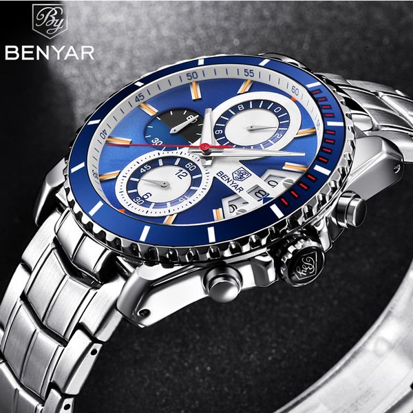 benyar men watch chronograph waterproof blue male clock sport steel wristwatch relogio masculino 5127, Slivery;brown
benyar men watch chronograph waterproof blue male clock sport steel wristwatch relogio masculino 5127, Slivery;brown