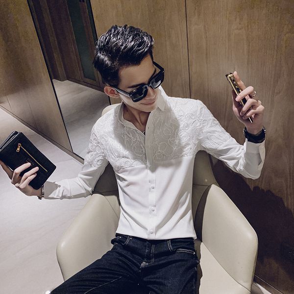 tuxedo shirt men slim fit long sleeve solid social party dress shirts lace patchwork night club casual blouses homme, White;black
tuxedo shirt men slim fit long sleeve solid social party dress shirts lace patchwork night club casual blouses homme, White;black