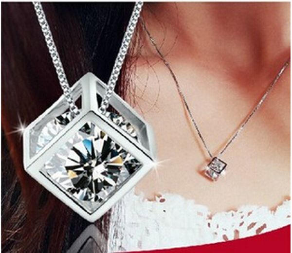 

anenjery 925 sterling silver cube zircon pendant neckace for women gift 45cm box chain choker collares kolye s-n76