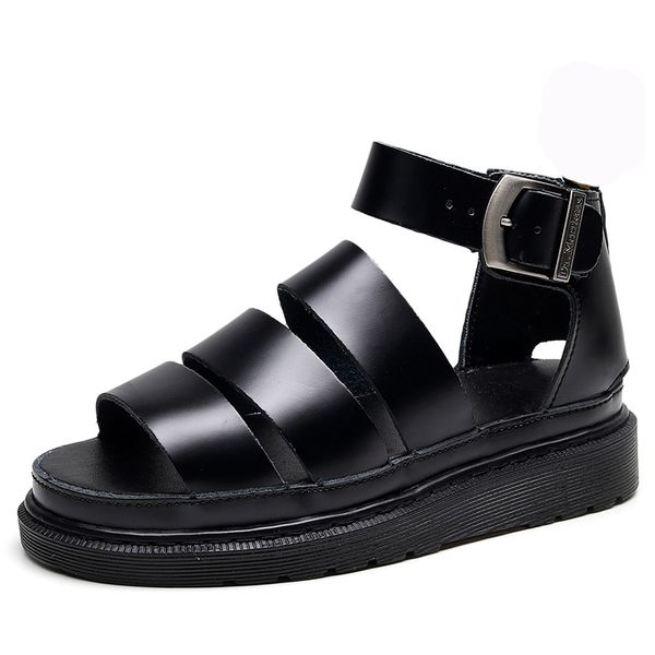 new real leather women open-toed roman designer sandals black martin flat heel casual sandals summer shoes with buckle size 35-44