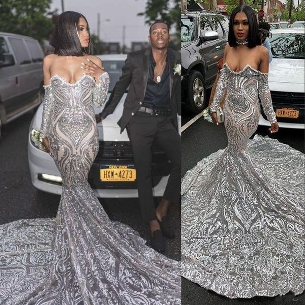 new arabic silver sequins lace prom dresses off shoulder mermaid long sleeves party sequined chapel train formal evening gowns wear, Black
new arabic silver sequins lace prom dresses off shoulder mermaid long sleeves party sequined chapel train formal evening gowns wear, Black
