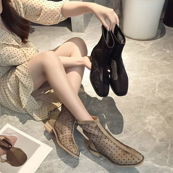 women polka dot mesh mid calf boots mid heels square toe zipper ladies botas fashion breathable female shoes 2019 autumn new, Black 
women polka dot mesh mid calf boots mid heels square toe zipper ladies botas fashion breathable female shoes 2019 autumn new, Black