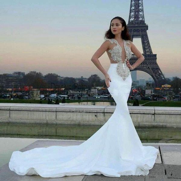 sheer plunging v neck mermaid wedding dresses beaded appliques sleeveless trumpet bridal wedding gowns long sweep robe de mariee, White
sheer plunging v neck mermaid wedding dresses beaded appliques sleeveless trumpet bridal wedding gowns long sweep robe de mariee, White
