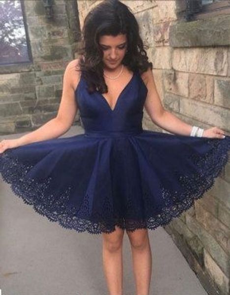 dark blue homecoming prom dress short v neck a line lace applique edge satin party graduation cocktail dress, Blue;pink
dark blue homecoming prom dress short v neck a line lace applique edge satin party graduation cocktail dress, Blue;pink