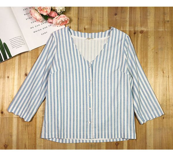 elfbop v neckline long sleeve contrast stripe blouse shirt, White