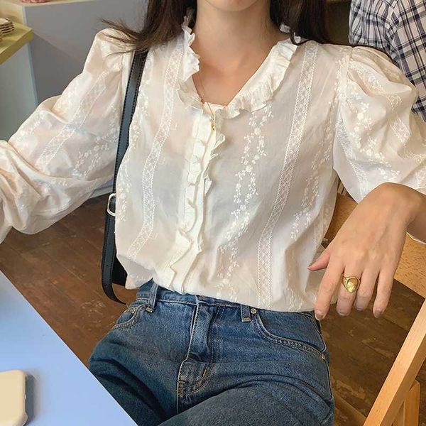 hollow out embroidered ruffled collar cotton white shirt korean lady white blouse