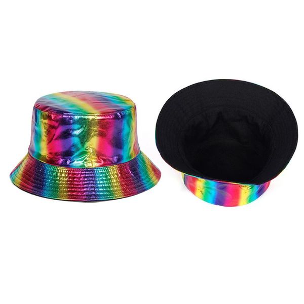 women mens harajuku hip hop faux leather bucket cap reflective metallic rainbow stripes reversiable packable fisherman hat, Blue;gray
women mens harajuku hip hop faux leather bucket cap reflective metallic rainbow stripes reversiable packable fisherman hat, Blue;gray