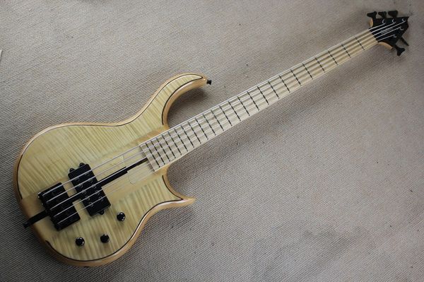 new 5 strings original body electric bass guitar with flame maple veneer,chrome hardware,maple fingerboard,offer customize