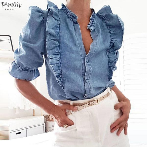 ladies fashion shirt modish high shirt fashion cascading ruffles puff sleeve denim blouse women jeans blusa 2020, White
ladies fashion shirt modish high shirt fashion cascading ruffles puff sleeve denim blouse women jeans blusa 2020, White