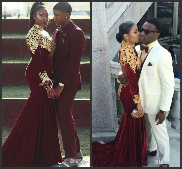 2019 burgundy velvet mermaid prom dresses gold lace appliques long sleeve african high collar evening dress plus size robes de soirée, Black
2019 burgundy velvet mermaid prom dresses gold lace appliques long sleeve african high collar evening dress plus size robes de soirée, Black