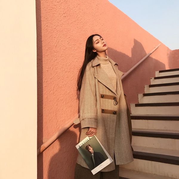 winter new fashion korean retro plaid coat women's double breasted loose long over the knee woolen coat plus size women coats, Black
winter new fashion korean retro plaid coat women's double breasted loose long over the knee woolen coat plus size women coats, Black