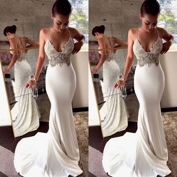 charming lace backless mermaid wedding dress spaghetti strap sweep train satin summer beach wedding gown, White
charming lace backless mermaid wedding dress spaghetti strap sweep train satin summer beach wedding gown, White
