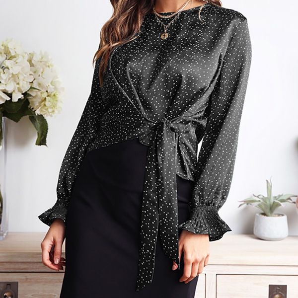 women blouses 2019 autumn and winter women's polka dot printed bow irregular long-sleeved shirt blusas femininas, White
women blouses 2019 autumn and winter women's polka dot printed bow irregular long-sleeved shirt blusas femininas, White