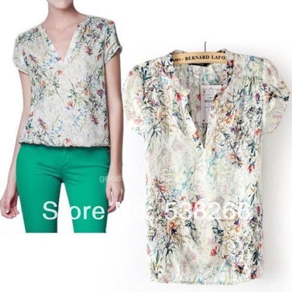 2014 new women european v neck floral print short sleeve chiffon shirt blouse, White
2014 new women european v neck floral print short sleeve chiffon shirt blouse, White