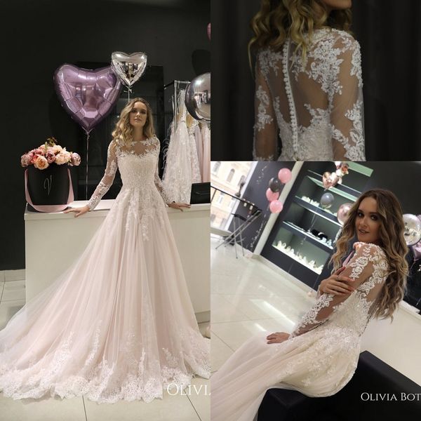 2019 elegant sheer long sleeves lace a line wedding dresses tulle lace applique beaded sweep train wedding bridal gowns with buttons vb, White
2019 elegant sheer long sleeves lace a line wedding dresses tulle lace applique beaded sweep train wedding bridal gowns with buttons vb, White
