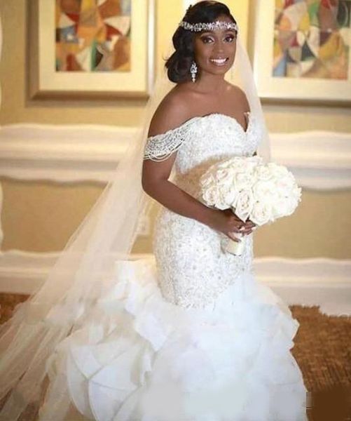 elegant african mermaid wedding dresses 2020 ruffles off the shoulder pearls lace up back bridal gowns, White
elegant african mermaid wedding dresses 2020 ruffles off the shoulder pearls lace up back bridal gowns, White