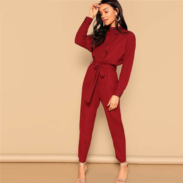 rompers for women burgundy button regular front self belted jumpsuit elegant long sleeve stand collar jumpsuits women autumn highstreet, Black;white 
rompers for women burgundy button regular front self belted jumpsuit elegant long sleeve stand collar jumpsuits women autumn highstreet, Black;white
