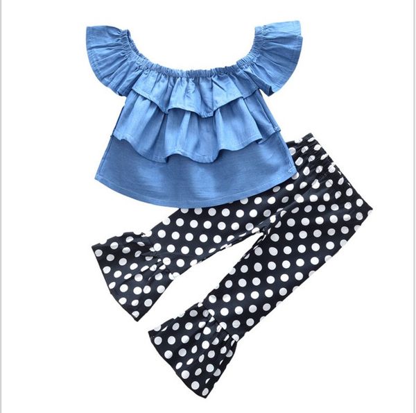 summer baby girl baby shoulder lace polka dot flare pants sets, White 
summer baby girl baby shoulder lace polka dot flare pants sets, White