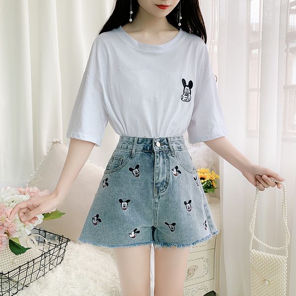 short jeans t shirt set women summer cartoon mouse embroidered jeans women loose high waist wide leg boyfriend short, Blue
short jeans t shirt set women summer cartoon mouse embroidered jeans women loose high waist wide leg boyfriend short, Blue