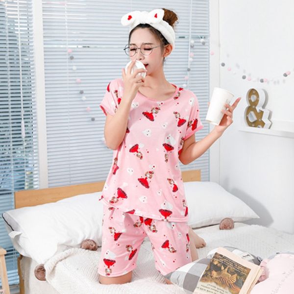 new cartoon print pajamas set women's 2 piece suit jacket + shorts loose elastic waist shorts casual, Blue;gray 
new cartoon print pajamas set women's 2 piece suit jacket + shorts loose elastic waist shorts casual, Blue;gray