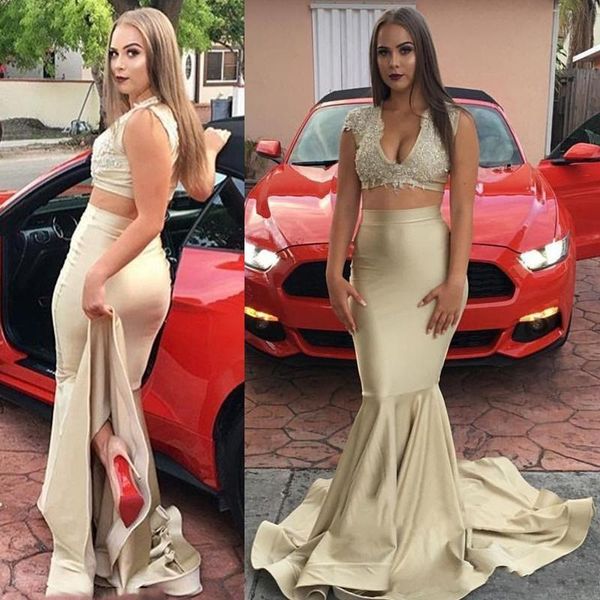 2020 champagne two piece prom dresses mermaid v neck lace applique sweep train custom made eveing party gowns formal occasion wear, Black
2020 champagne two piece prom dresses mermaid v neck lace applique sweep train custom made eveing party gowns formal occasion wear, Black