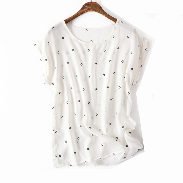women summer silk blouse o neck short sleeve office wear casual natural silk blouses dots print real shirt, White
women summer silk blouse o neck short sleeve office wear casual natural silk blouses dots print real shirt, White