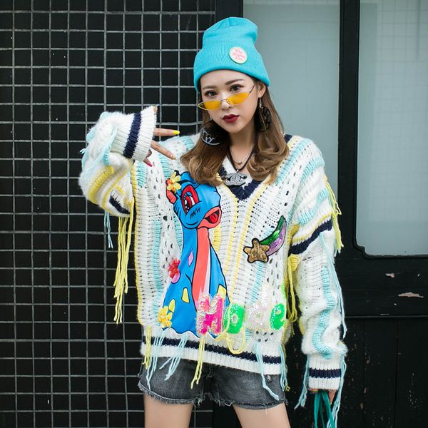 v neck women sweater cartoon women long sleeve knitted sweater personality pullover 2019 autumn female jumper lt961s30, White;black
v neck women sweater cartoon women long sleeve knitted sweater personality pullover 2019 autumn female jumper lt961s30, White;black
