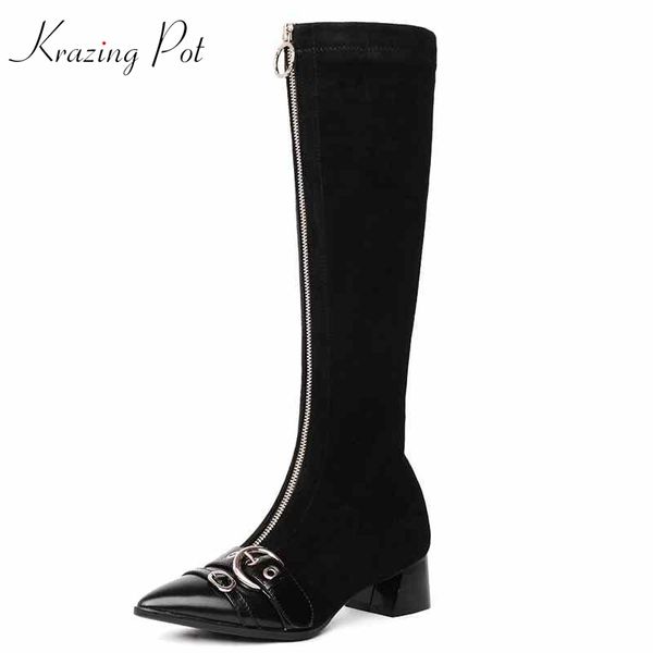 krazing pot new arrival genuine leather med heels zipper winter point toe metal fasteners warm thigh high boots l18, Black
krazing pot new arrival genuine leather med heels zipper winter point toe metal fasteners warm thigh high boots l18, Black