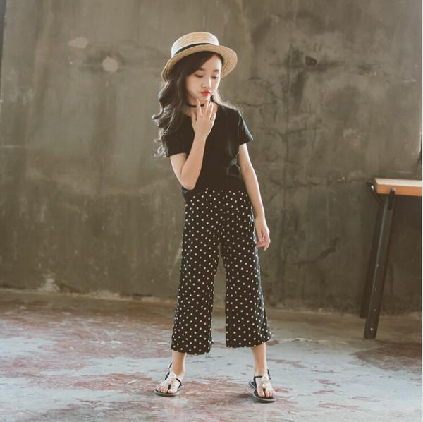 wholesale teen girls sets summer girl black dots wide leg pants 2pcs sets children suits outfits, White
wholesale teen girls sets summer girl black dots wide leg pants 2pcs sets children suits outfits, White