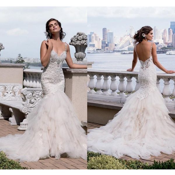 2019 gorgeous lace mermaid wedding dresses backless spaghetti crystal beaded sweetheart tiered skirts bridal gowns, White
2019 gorgeous lace mermaid wedding dresses backless spaghetti crystal beaded sweetheart tiered skirts bridal gowns, White