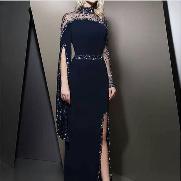 2019 formal high neck navy blue evening dresses kaftan dubai beaded long sleeve party gowns modest robe de soiree split prom dress, Black
2019 formal high neck navy blue evening dresses kaftan dubai beaded long sleeve party gowns modest robe de soiree split prom dress, Black