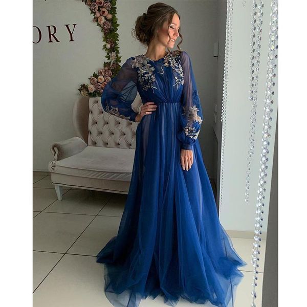 blue appliqued long sleeves evening dresses jewel neck pleated arabic plus size prom gowns a line floor length tulle formal dress, Black
blue appliqued long sleeves evening dresses jewel neck pleated arabic plus size prom gowns a line floor length tulle formal dress, Black
