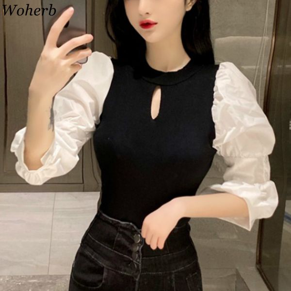 woherb hollow out o neck puff sleeve thin sweater women patchwork slim pullovers contrast color fashion knit jumpers 91489, White;black
woherb hollow out o neck puff sleeve thin sweater women patchwork slim pullovers contrast color fashion knit jumpers 91489, White;black