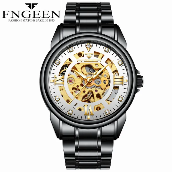 

fngeen brand black auto mechanical watch men fashion engraving dial skeleton clock automatic watch male diamond wristwatch drop, Slivery;brown