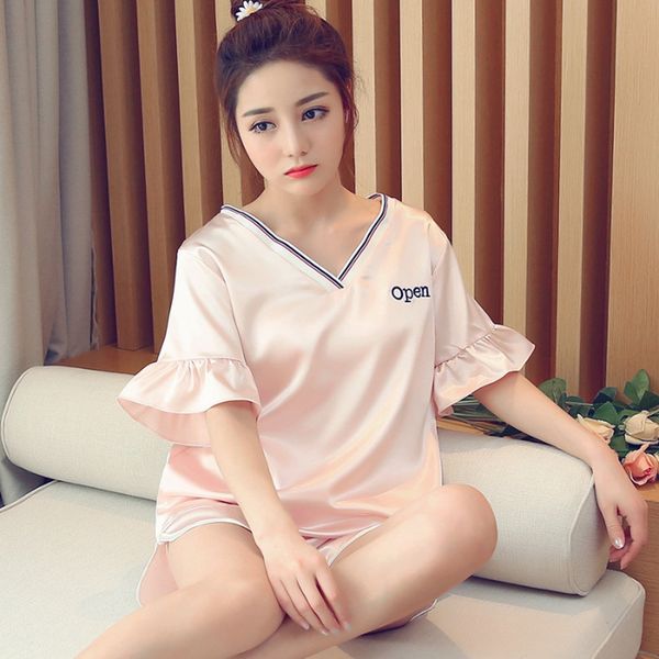 pyjamas women satin pajamas set lingerie sweet pink ruffled v-neck short-sleeved shorts 2pcs home clothing pijama mujer, Blue;gray
pyjamas women satin pajamas set lingerie sweet pink ruffled v-neck short-sleeved shorts 2pcs home clothing pijama mujer, Blue;gray