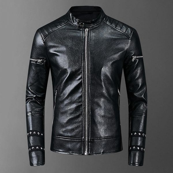 europe and the united states new men punk locomotive wind rivet stand collar leather jacket casual pu slim leather jacket male, Black
europe and the united states new men punk locomotive wind rivet stand collar leather jacket casual pu slim leather jacket male, Black