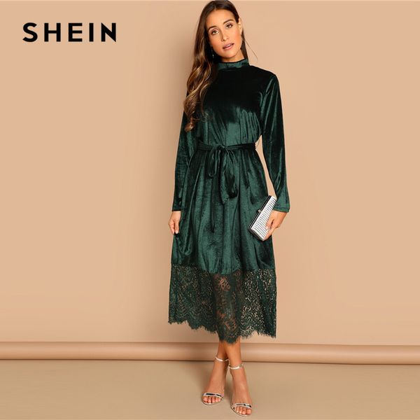 

shein green waist belted mock-neck velvet dress long sleeve lace hem solid dress casual elegant women autumn modern lady dresses, Black;gray
