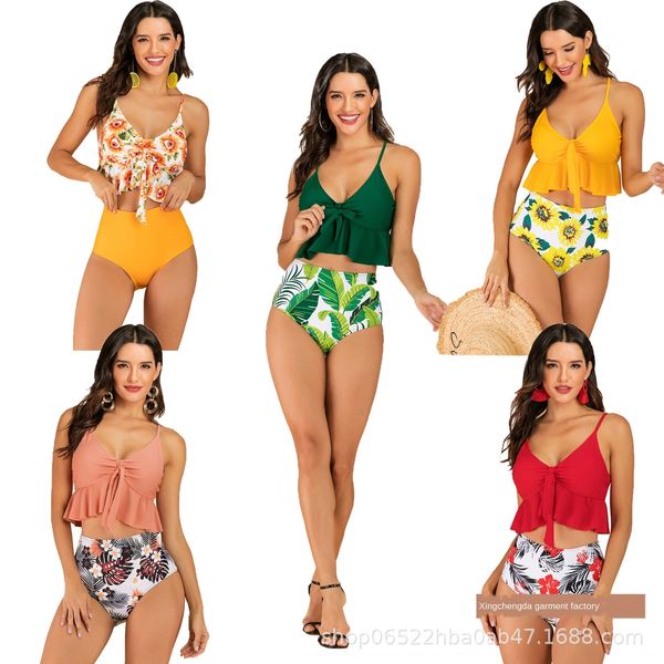 2020 split swimsuit bikini women's flounces high waist swimsuit printed bikini, White;black
2020 split swimsuit bikini women's flounces high waist swimsuit printed bikini, White;black