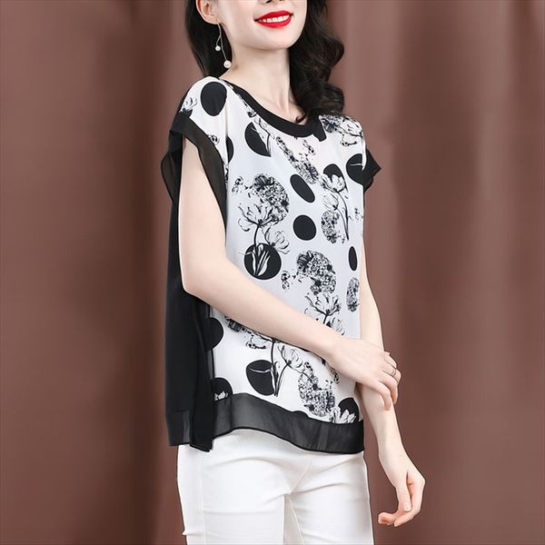 t- 2020 and t-shirt silk summer short sleeve simple base shirt loose printing mulberry silk top, White