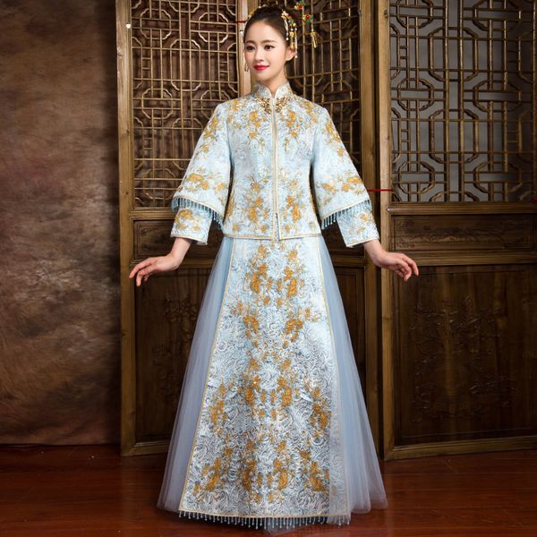 vintage chinese marriage cheongsam suit suzhou embroidery female wedding dress blue elegant slim qipao vestidos, Red
vintage chinese marriage cheongsam suit suzhou embroidery female wedding dress blue elegant slim qipao vestidos, Red