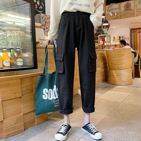 women jeans cargo high waist solid pockets zipper button ankle-length straight korean chic new bf harajuku students daily, Blue
women jeans cargo high waist solid pockets zipper button ankle-length straight korean chic new bf harajuku students daily, Blue