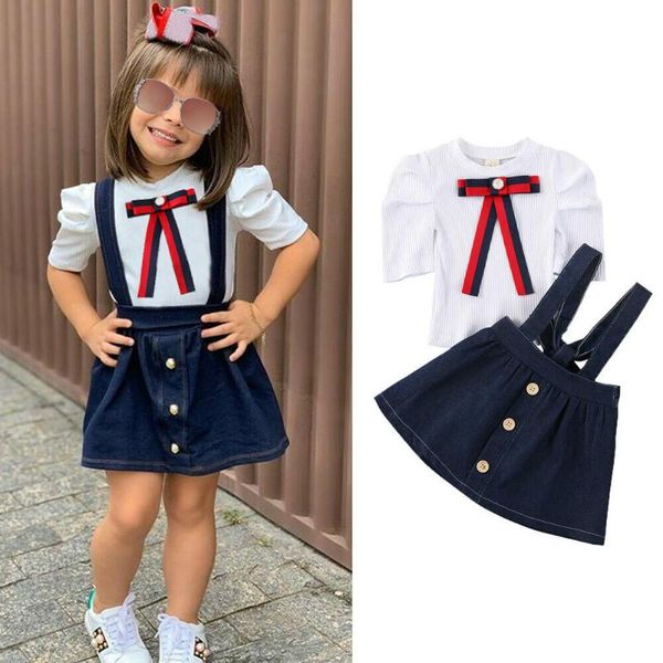 2pcs toddler kids baby girls clothes sets bowknot puff sleeve t-shirts denim strap dress clothes, White
2pcs toddler kids baby girls clothes sets bowknot puff sleeve t-shirts denim strap dress clothes, White